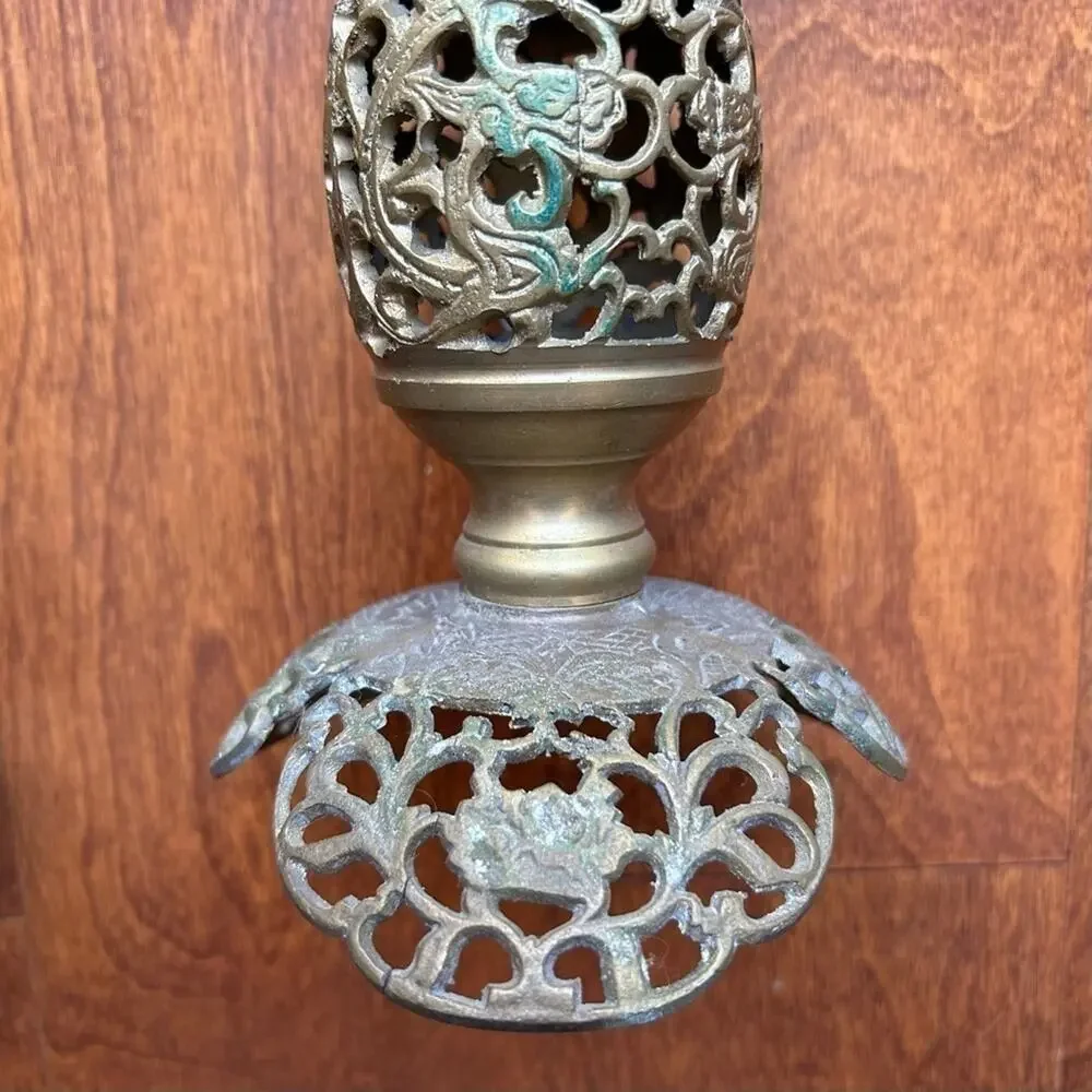 Vintage Oversized Moroccan Pierced Brass Candle Holders, Set of 2, Nice Patina